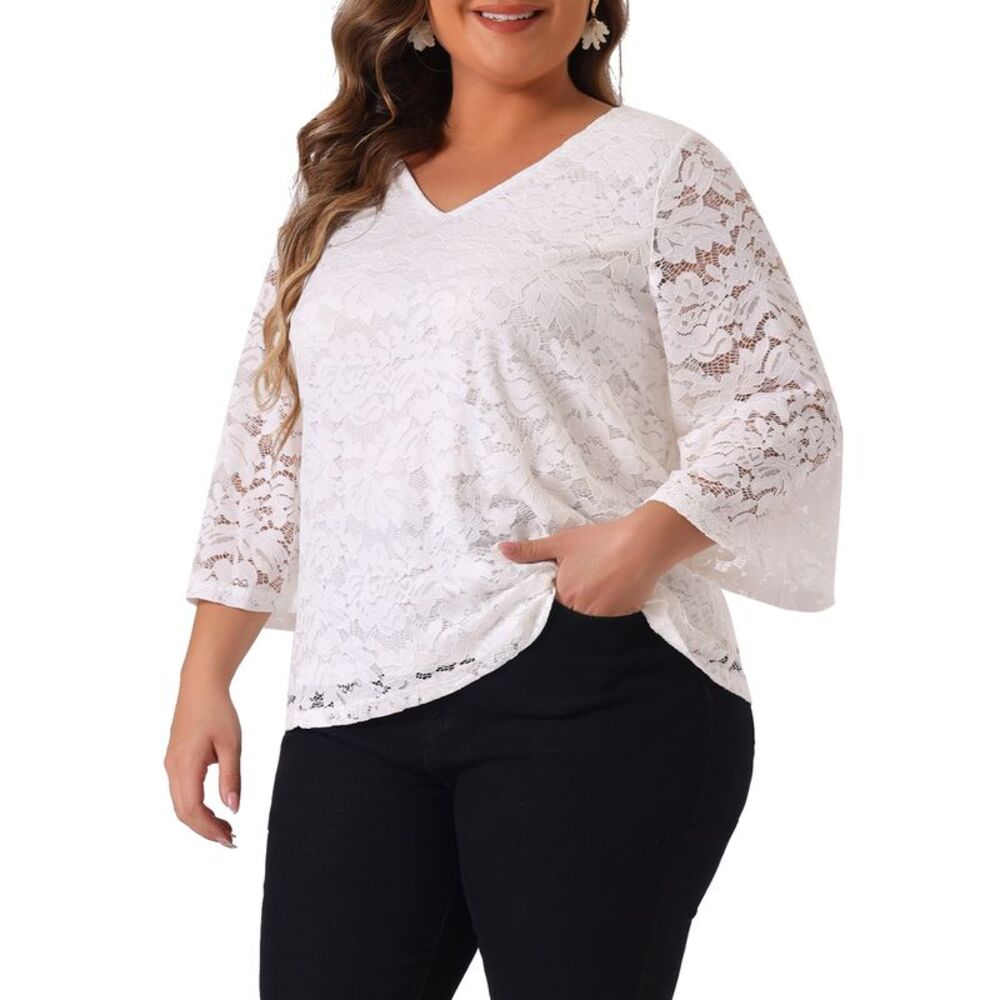 Plus Size Lace Tops 3/4 Sleeve Casual V Neck Dressy Blouse White